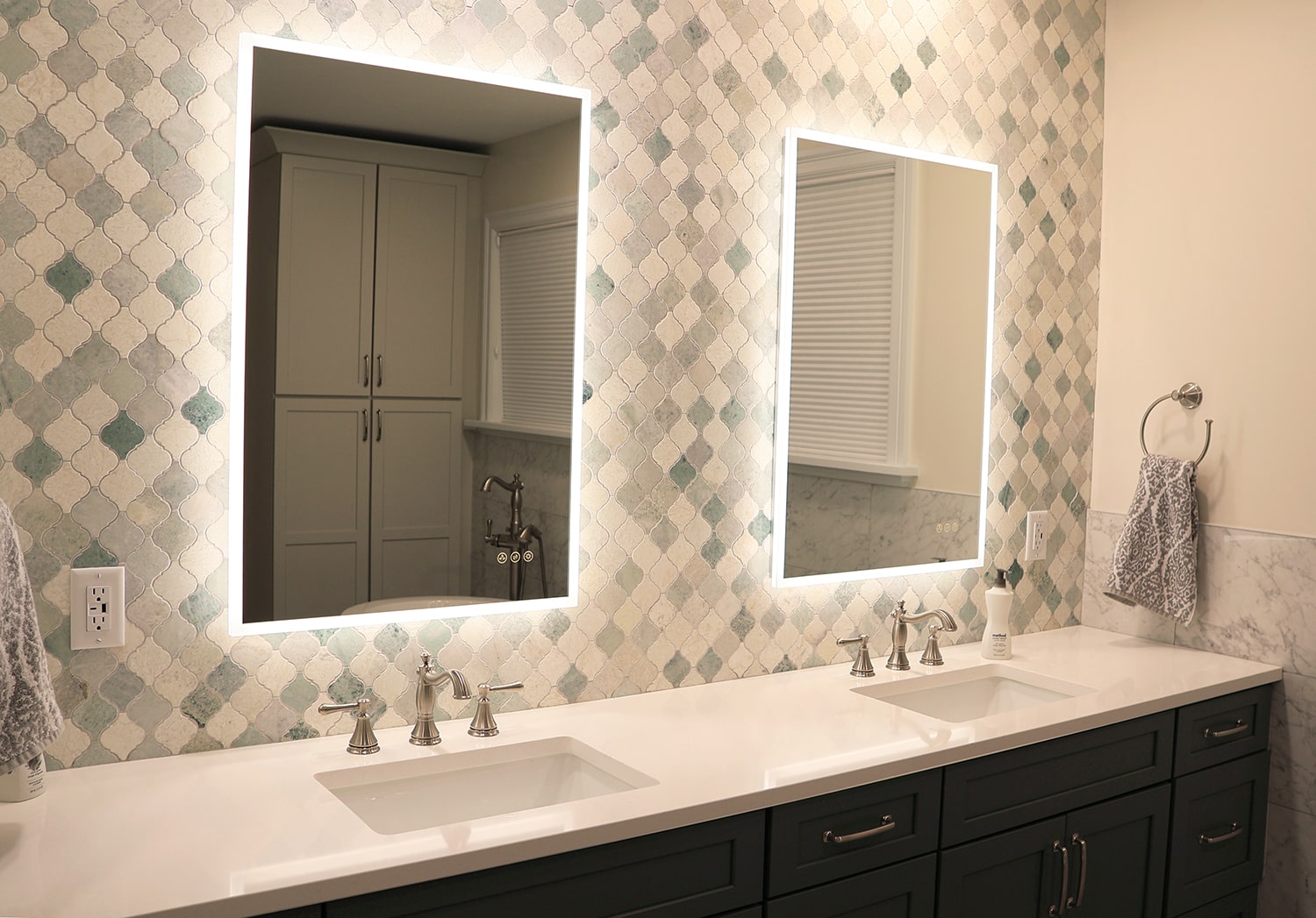 bold tile accent wall in primary bath