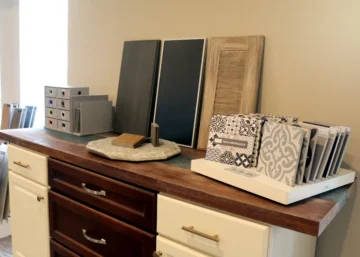 samples cabinet tiles at Agape Construction Kirkwood Design Center