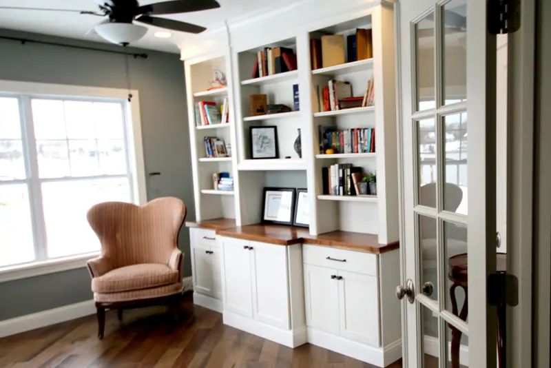 custom wood builtins bookshelves home office inviting by Agape Construction St Louis