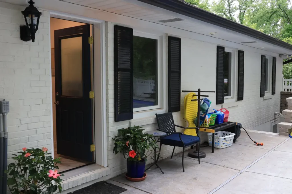 exterior of new bathroom exits to pool