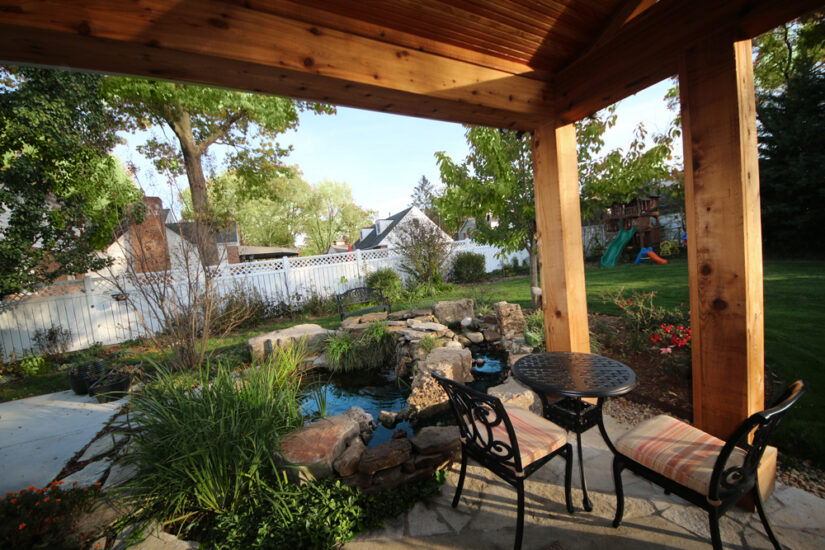 backyard koi pond cedar cover beams