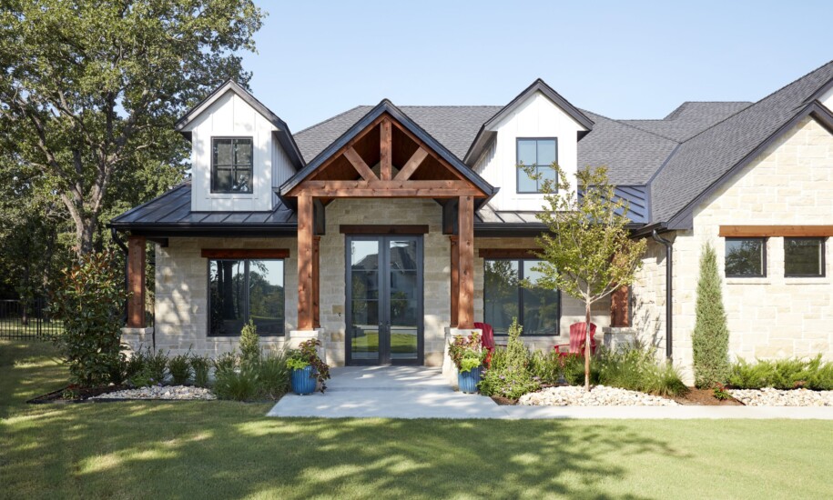 custom wood entrance metal roof summertime
