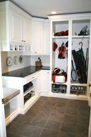mudroom garage white cabinets
