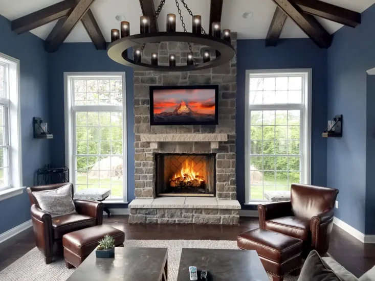 A naturally-light, blue sunroom, featuring stone fireplace and mounted TV. By Agape Construction.