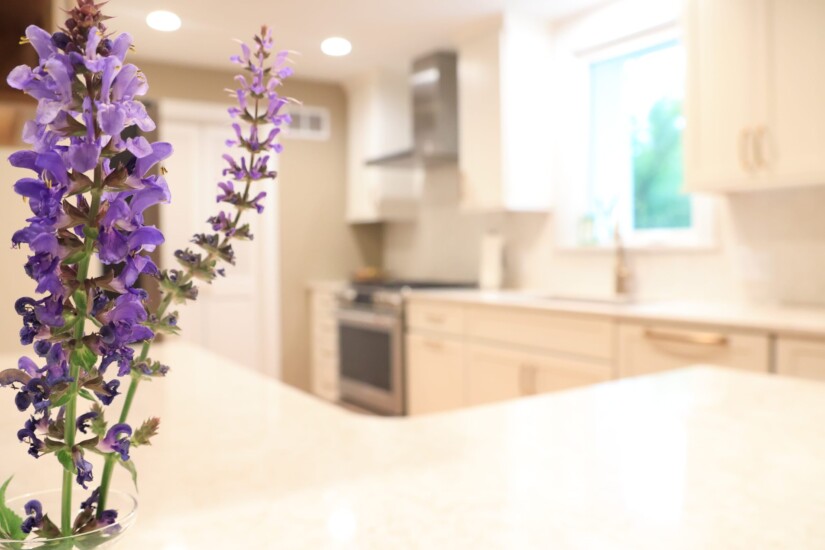 soft focus beautiful white remodeled kitchen