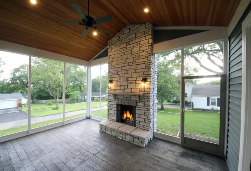 Home outdoor living space, featuring stonework fireplace and hearth, by Agape Construction.
