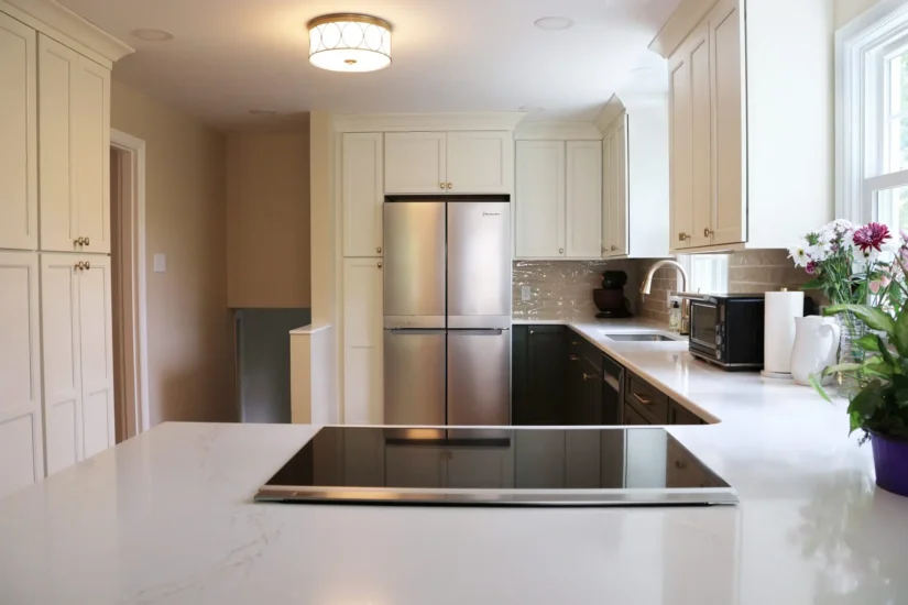 two toned white and grey open kitchen