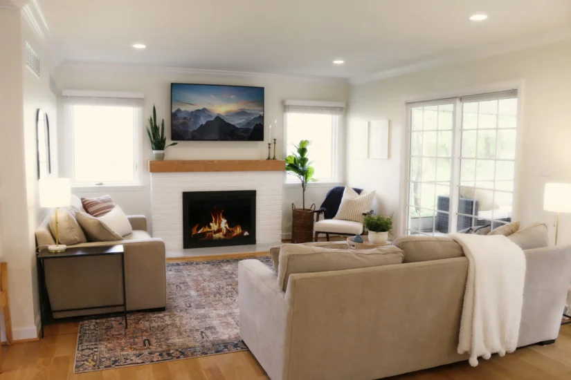 A living room fireplace. Project completed by Agape Construction.
