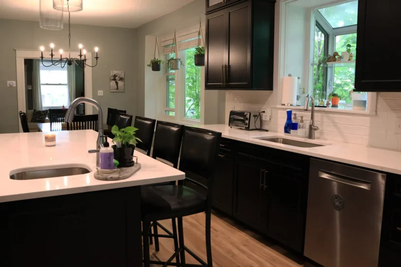 open kitchen black cabinetry