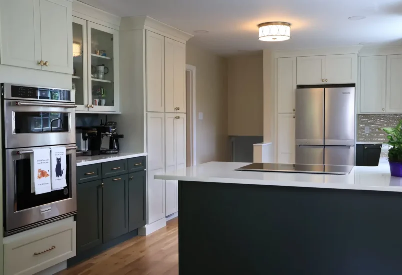 white and grey two toned open kitchen