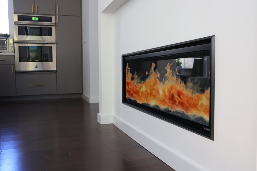 see through fireplace connecting living room to kitchen