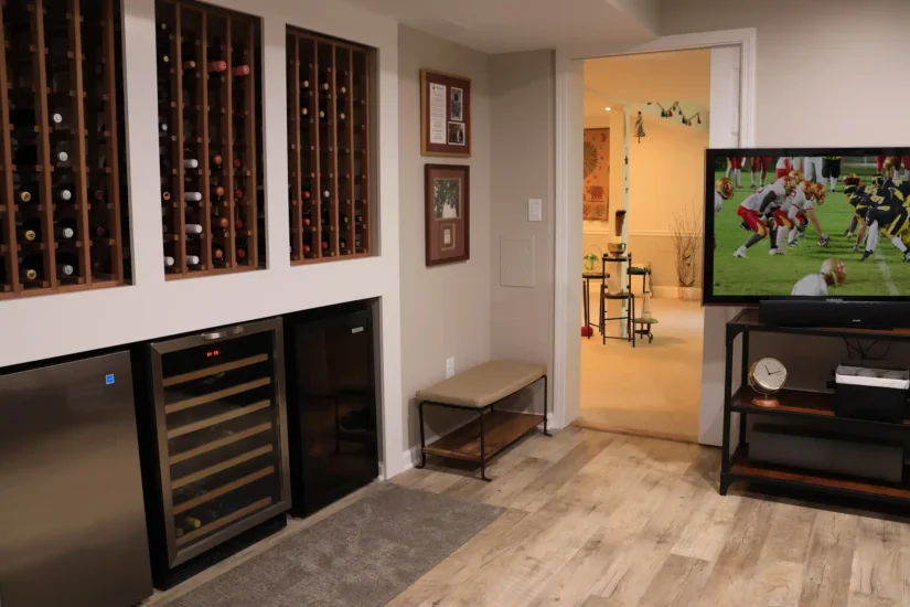 wine storage and fitness studio in basement
