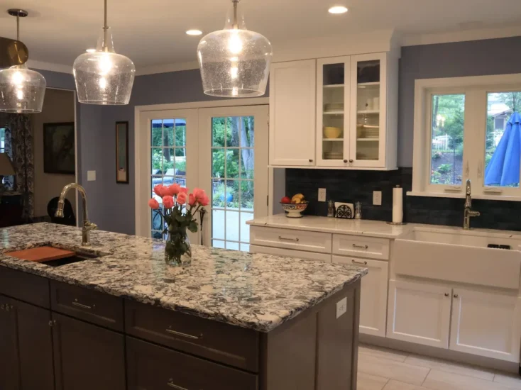 blue and white two toned kitchen