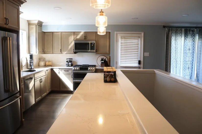 open concept kitchen remodel with natural wood cabinetry