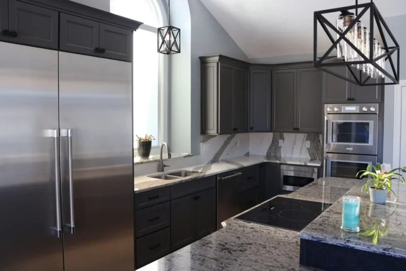 grey kitchen with artistic lighting