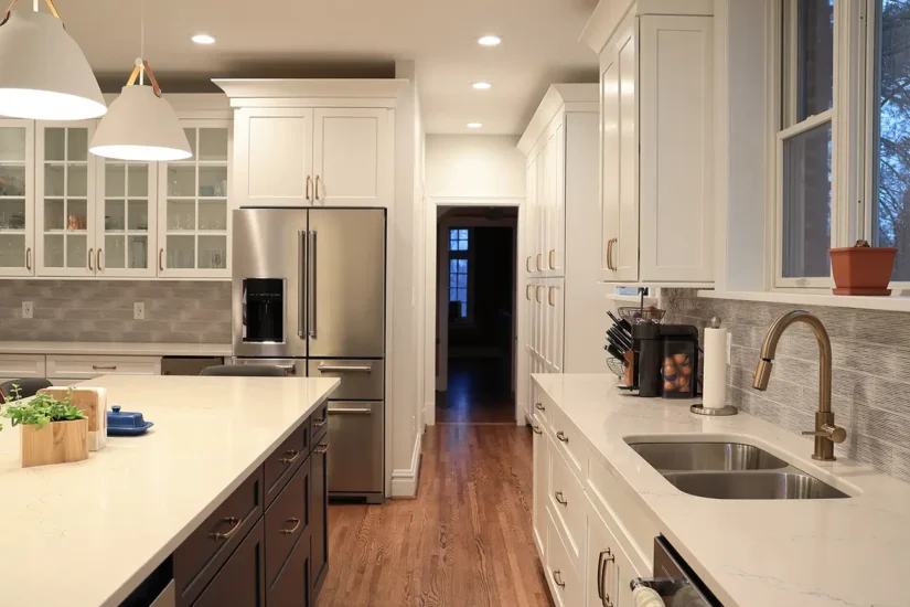 kitchen addition with two toned blue and white cabinetry