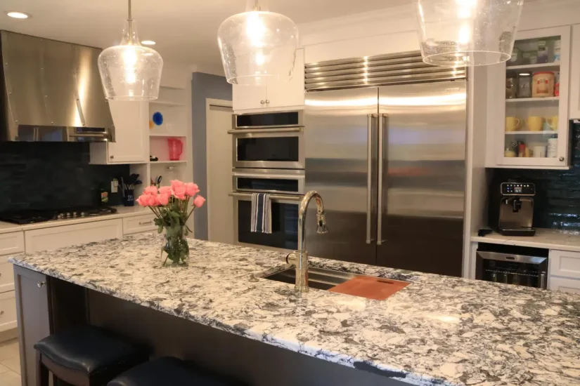 blue and white two toned kitchen