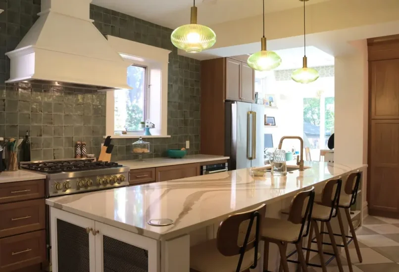 removed fireplace and wall to make room for expansive kitchen