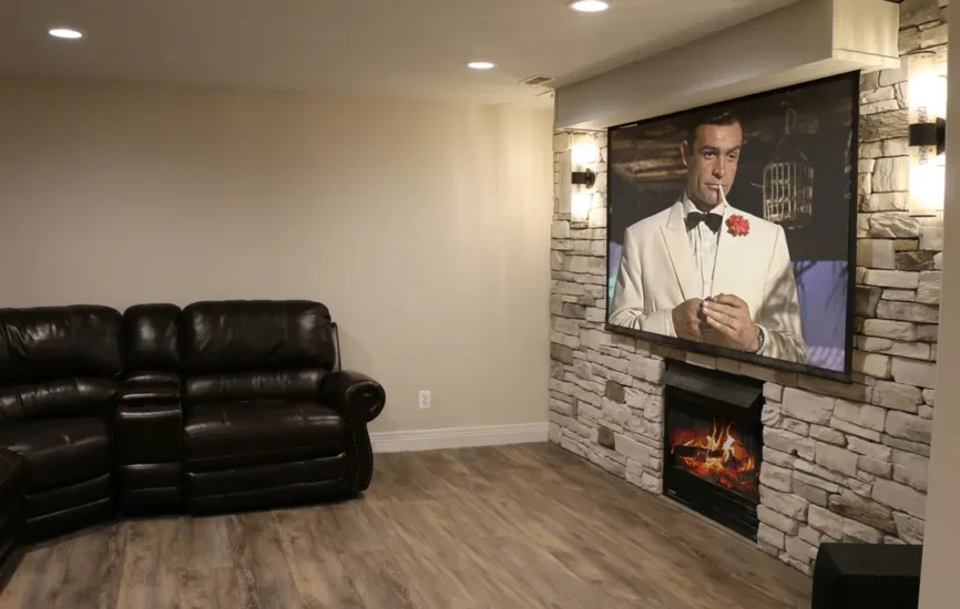 large screen in rec room finished basement