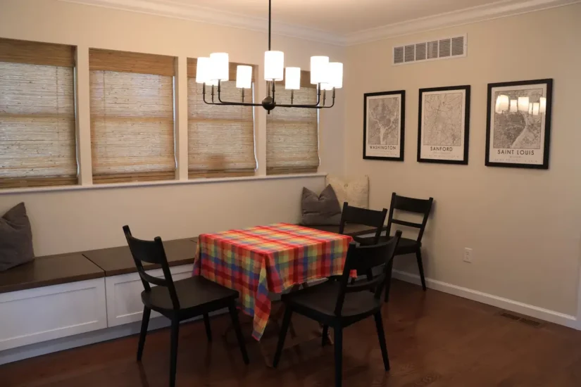 rear addition new dining room with bench seating and storage