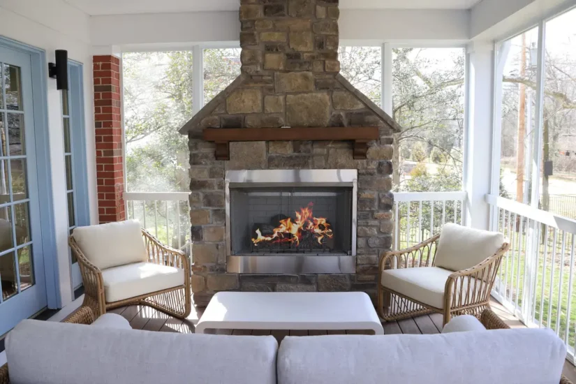 three seasons room addition stone gas fireplace