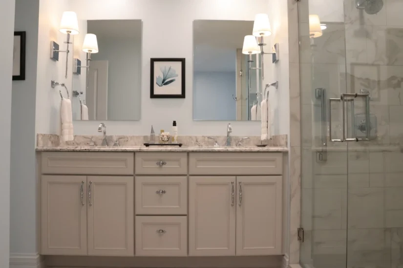 primary bathroom vanity and shower