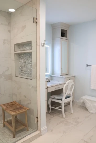 primary bathroom shower and makeup vanity